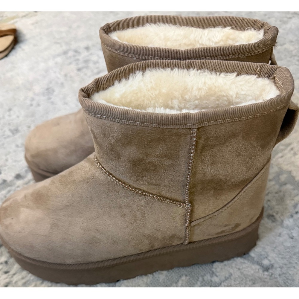 Womens Tan Platform Mini Boots‎ Faux Suede Fur Lined Ankle Booties size 6